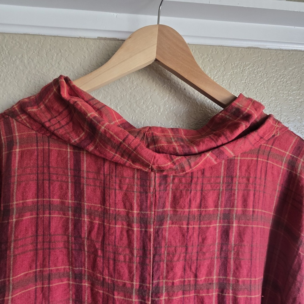 Bryn Walker Nolan Linen Dress Sz Large Red Plaid Cowl Neck Lagenlook Oversized - Picture 9 of 9